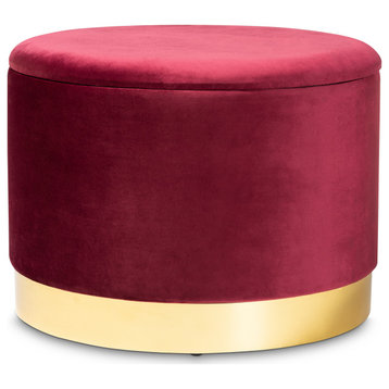 Alessia Velvet Fabric Upholstered Storage Ottoman, Red/Gold