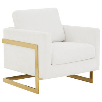 LeisureMod Lincoln Modern Boucle Arm Chair with Gold Stainless Steel Frame, White