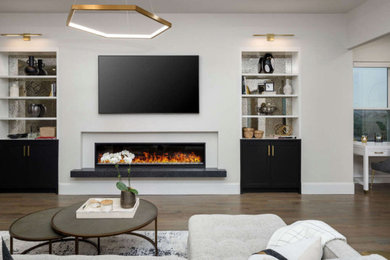 Living room - mid-sized contemporary medium tone wood floor living room idea in Dallas with white walls