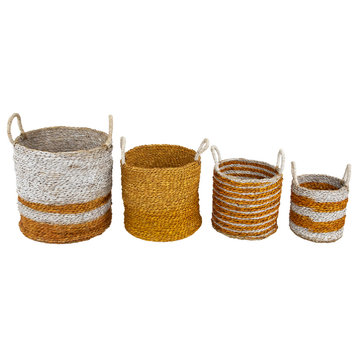 Set of 4 Striped Woven Seagrass Round Baskets With Handles 13.5"