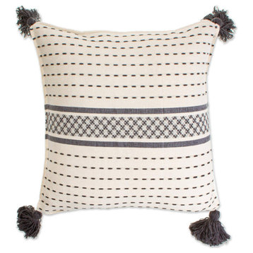 Novica Handmade Oaxaca Cross Stitch In Grey Cotton Cushion Cover