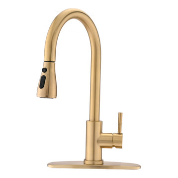 Pull Down Single Handle Kitchen Faucet, Brushed Gold
