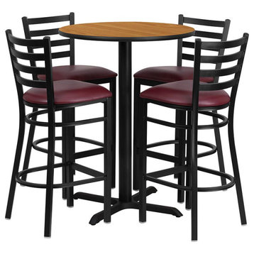 30" Round Natural Laminate Table Set With 4-Ladder Back Metal Barstools