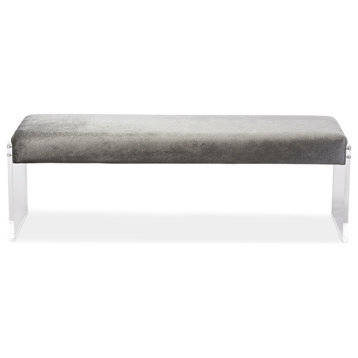 Hildon Grey Microsuede Lux Bench with Paneled Acrylic Legs