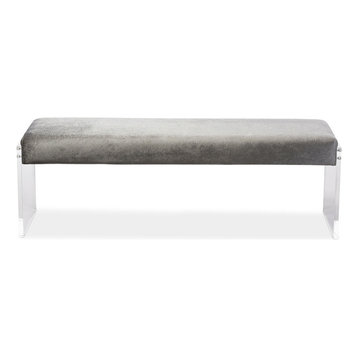 Hildon Microsuede Fabric Upholstered Lux Bench With Paneled Acrylic Legs, Gray