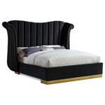 Meridian Furniture - Flora Black Velvet Bed, Black, Queen - Make a dramatic statement while creating contemporary flair in the bedroom with this breathtaking Flora black velvet queen bed. Featuring a gold metal base upholstered with rich black velvet with gold nailhead accents and channel tufting along the headboard, this gallant bed is sure to command the attention of anyone who enters your bedroom chamber. Its contemporary wing-back design adds a regal presence to your sleeping space, while its generous size ensures you sleep like a king.
