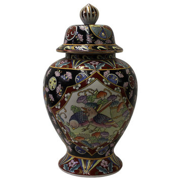 Chinese Oriental Famille Rose Porcelain Black Scenery Round Jar
