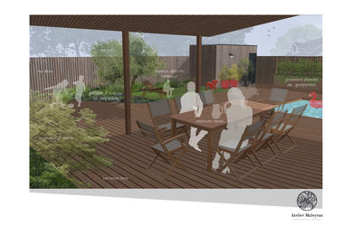 Aménagement d'un jardin arrière contemporain de taille moyenne et l'été avec un bassin, une exposition ensoleillée et une terrasse en bois.