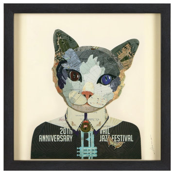 Funky Cat Dimensional Handmade Collage Wall Art Framed Under Glass