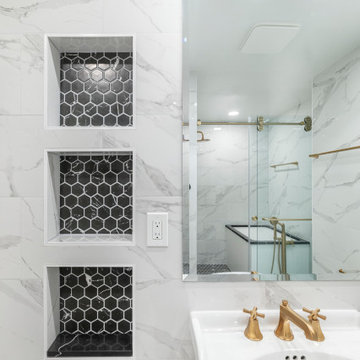 Transitional Primary Bathroom Project With Art Deco Accents