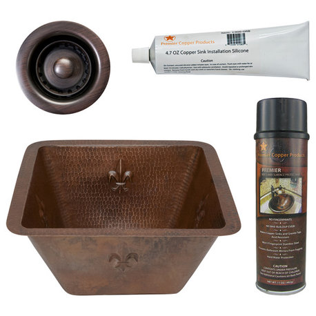 15" Square Fleur De Lis Copper Bar/Prep Sink, 2" Drain Opening