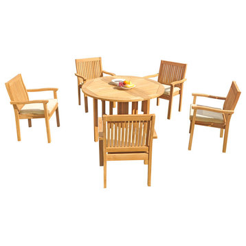 6-Piece Outdoor Teak Dining Set: 48" Butterfly Table, 5 Leveb Stacking Arm Chair