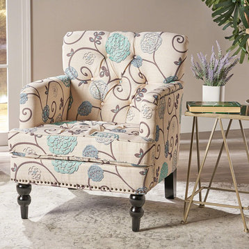 Accent Fabric Tufted Club Chair, White / Blue