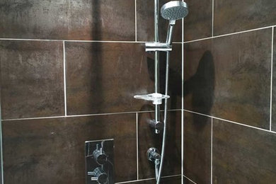 Photo of a small contemporary family bathroom in Other with a double shower, a one-piece toilet, brown tiles, ceramic tiles, brown walls, dark hardwood flooring, brown floors and an open shower.