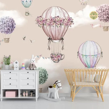 Beautiful Floral Decoration Hot Air Balloons Wall Paper for Young Kids Rooms