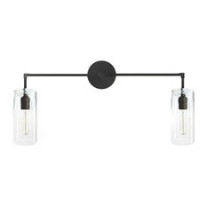 2 Arm Industrial Wall Sconce Light With Glass, Matte Black, 28' Wide