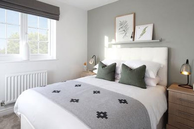 Modern guest bedroom in Other with grey walls, carpet and grey floors.