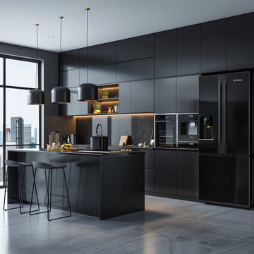 Black urban kitchen wth contemporary lighting and appliances
