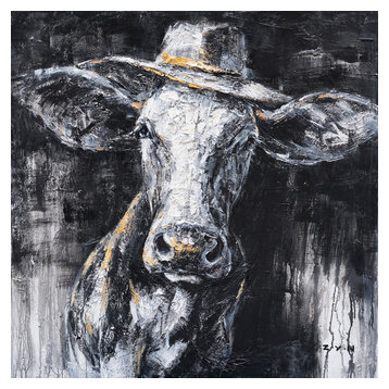 "Cow Wearing a Hat Hand Painted" Canvas Artwork, 40"x40"
