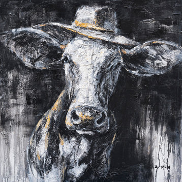 "Cow Wearing a Hat Hand Painted" Canvas Artwork, 40"x40"