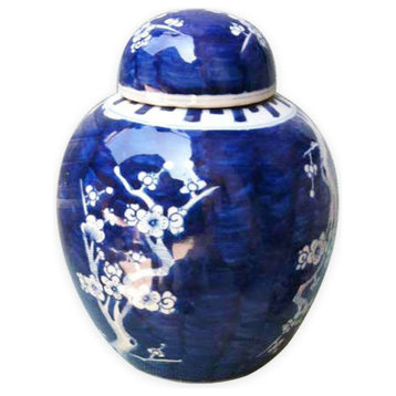 Blue and White Porcelain Ginger Jar Plum Tree Motif 8.5"