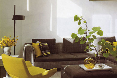 Living room - large contemporary open concept dark wood floor living room idea in Chicago with white walls