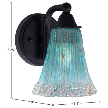 Paramount 1-Light Wall Sconce, Matte Black, 5.5" Fluted Teal Crystal Glass