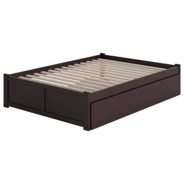 Modern Full Size Platform Bed, Wooden Slats Support and Trundle, Espresso