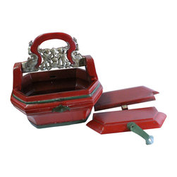 Chinese Distressed Red Color Golden Carving Handle Wood Basket - Decorative Boxes