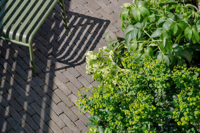 This is an example of a small contemporary back formal and private partial sun garden for autumn in London with brick paving and a wood fence.
