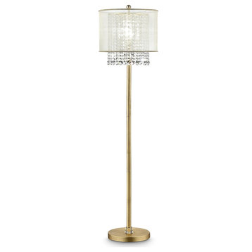 Modern Floor Lamp, Brass Finished Base and Double Layered Shade With Crystals