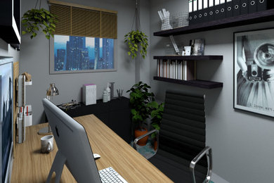 Ejemplo de despacho bohemio pequeño con paredes blancas, suelo de baldosas de cerámica, escritorio independiente y suelo gris