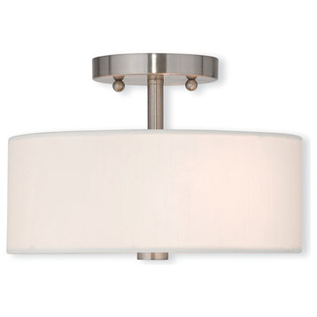 Ceiling Mount With Handcrafted Off-White Fabric Hardback Shade, Brushed Nickel