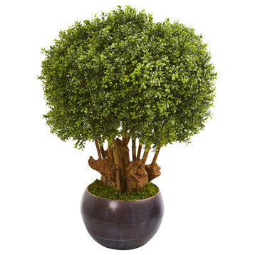 38" Boxwood Artificial Topiary Tree in Decorative Bowl, Indoor/Outdoor