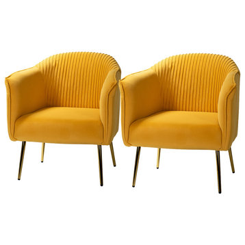 Upholstery Accent Barrel Chair With Ruched Design Set of 2, Mustard