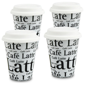 Set of 4 Cafe Latte Writing on White Traveler Mugs