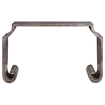 Luxe Minimalist Zinc Scroll Console Table, Open Gray Abstract