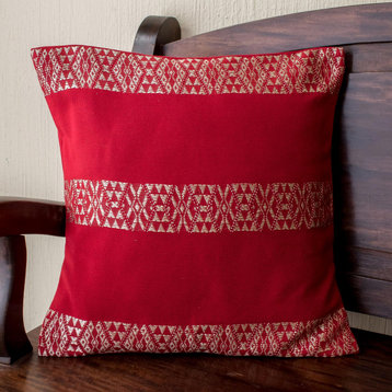 Novica Handmade Mountains And Valleys In Red Cotton Cushion Cover