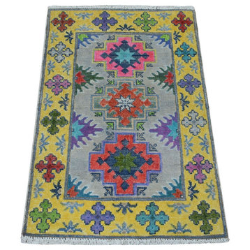 Yellow Fusion Kazak Organic Wool Hand Knotted Mat Oriental Rug, 1'10" x 2'9"