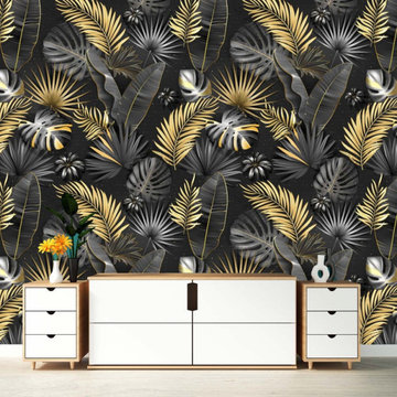 3D Tropical Leaves Gold Black Wallpaper