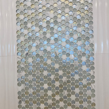 Stunning Bathroom with wavy tiles and penny round mosaic