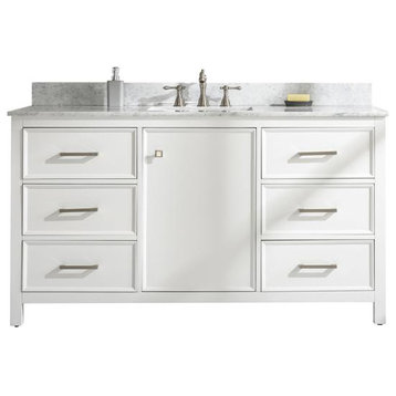 60" Blue Finish Single Sink Vanity Cabinet, Carrara White Top, White