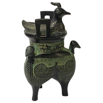 Chinese Green Black Ancient Ding Shape Incense Holder Display Hws1453