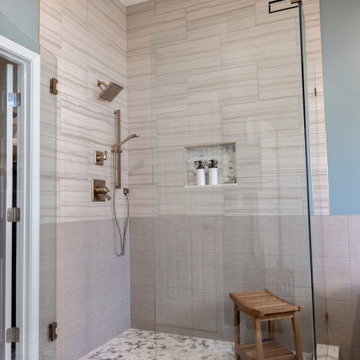 Spa Like Primary Bathroom Remodel with Warm Wood & Brass Details