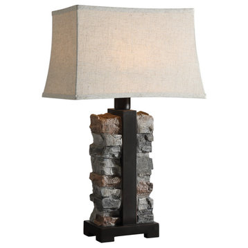 Rustic Indoor Outdoor Stacked Stone Table Lamp Concrete Iron Lodge Organic Shape