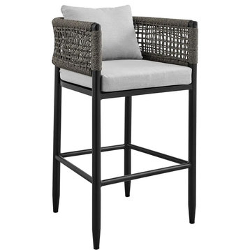 Patio Counter Stool, Aluminum Frame With Curved Gray Rope Back & Cushioned Seat