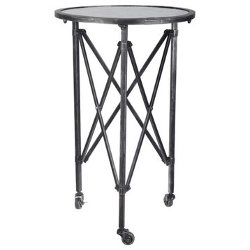 27" Side Table, Round Metal Body, Glass Tabletop, 3 Wheels, Silver