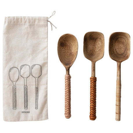 Mango Wood Spoons With Bamboo and Leather Wrapped Handles, 3-Piece Set