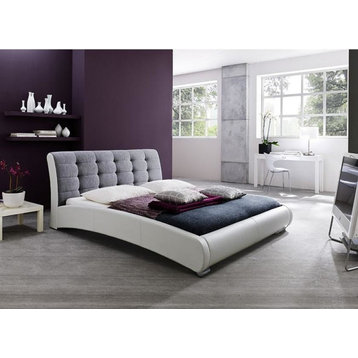 Guerin White Faux Leather Gray Fabric, Grid Tufted Queen-Size Platform Bed
