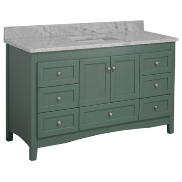 Abbey 60" Bath Vanity, Base: Sage Green, Top: Carrara Marble, Single Vanity